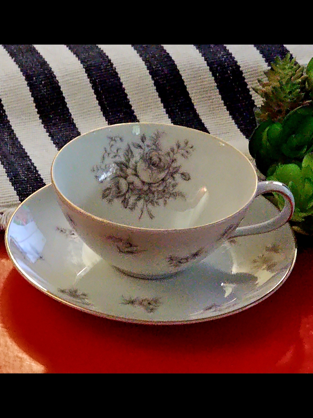 Meito JAPAN "AMCREST Shadow Rose" Floral White Teacup and Saucer with Gold Trim